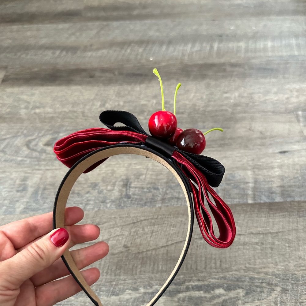 Handmade Designer Fascinator Headband Cherries Red Black Velvet Bow - Picture 13 of 15